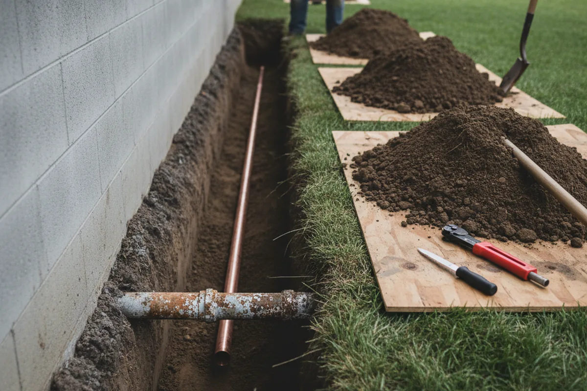 Excavated water line trench during Sewer Line Repair in Peoa